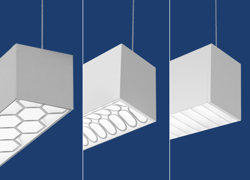 White Cross Blade Baffle, Hollowed Ellipse Louver, and Hex Louver Options