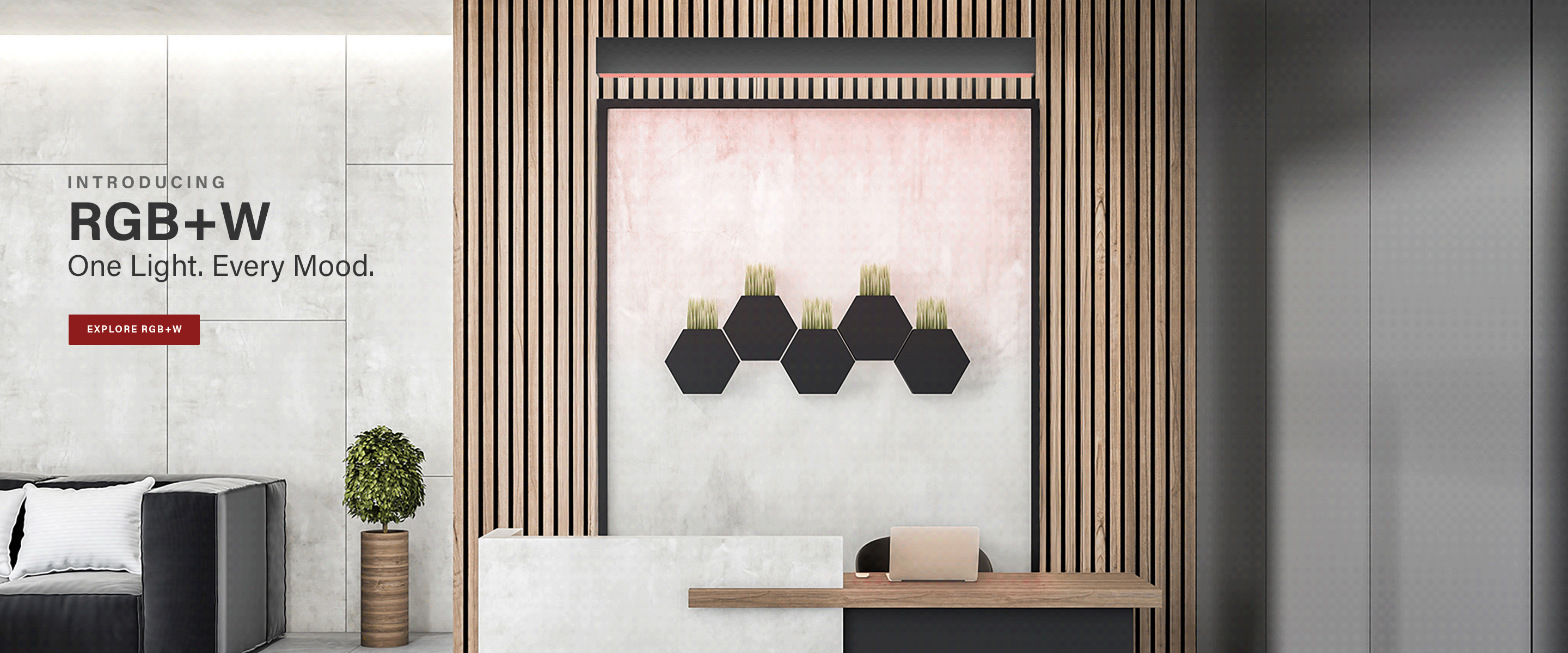 RGB+W in animated color at an office lobby