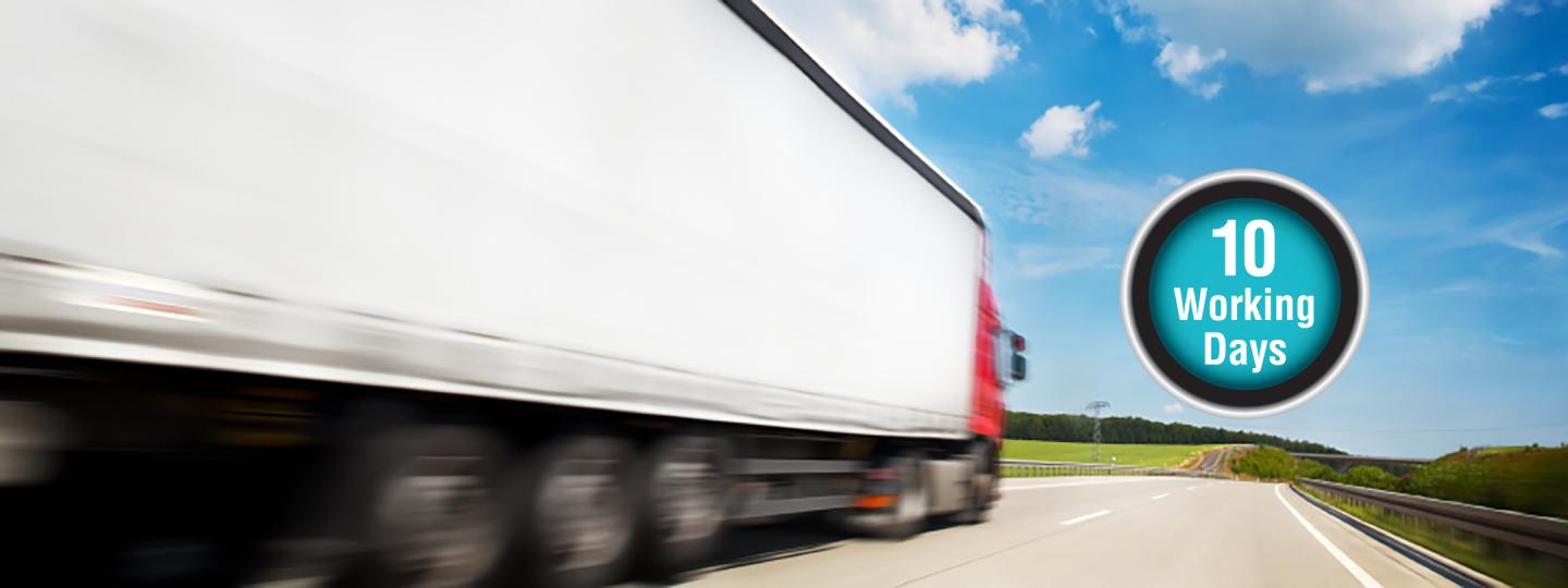 A shipping truck out on a delivery with the 10 Working Days shipping logo